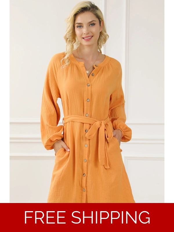 Tied Button Front Balloon Sleeve Dress